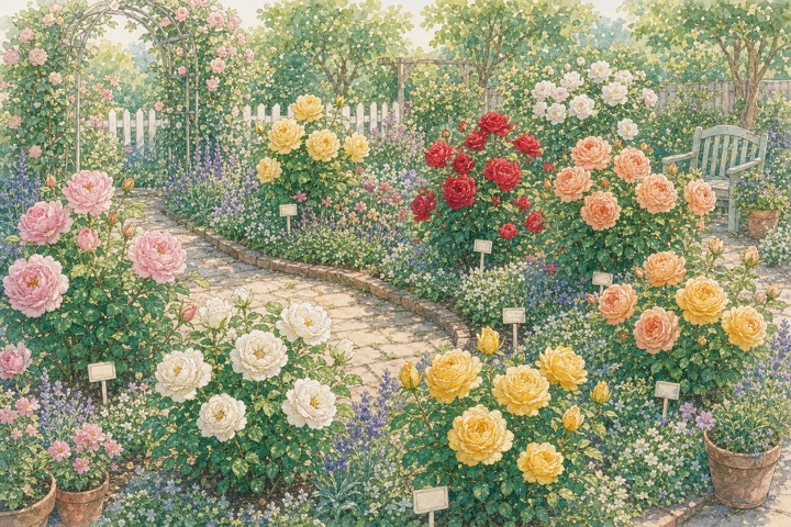 初心者向けの色とりどりのバラが咲く庭の手描き風イラスト