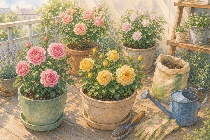 鉢植えで育てやすいバラと園芸道具の手描き風イラスト