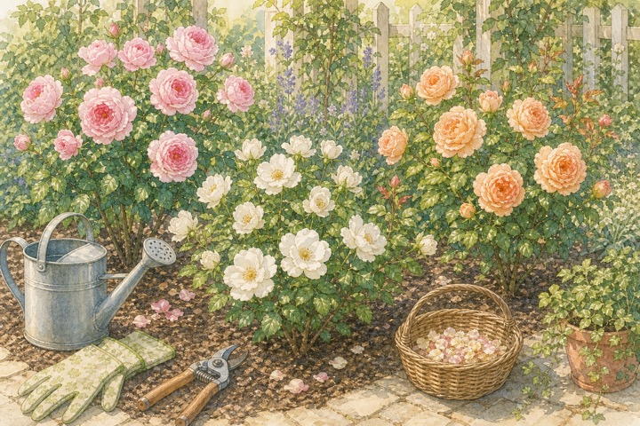 初心者向けのバラの手入れ道具と花壇の手描き風イラスト