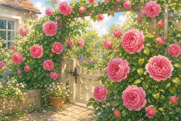 ピンクのつるバラが庭の入口を彩る手描き風イラスト