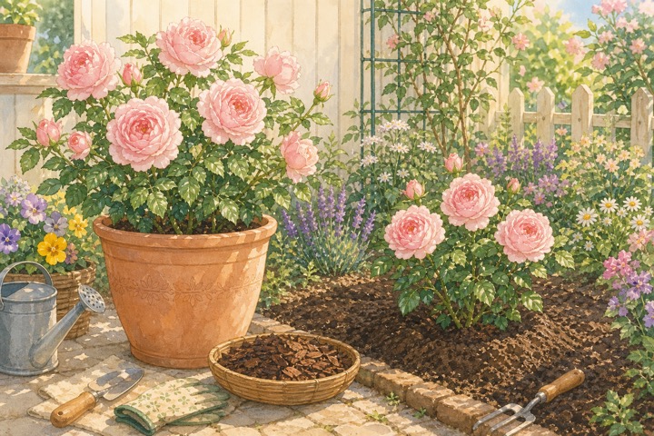 鉢植えと花壇で育つピンクのバラの手描き風イラスト
