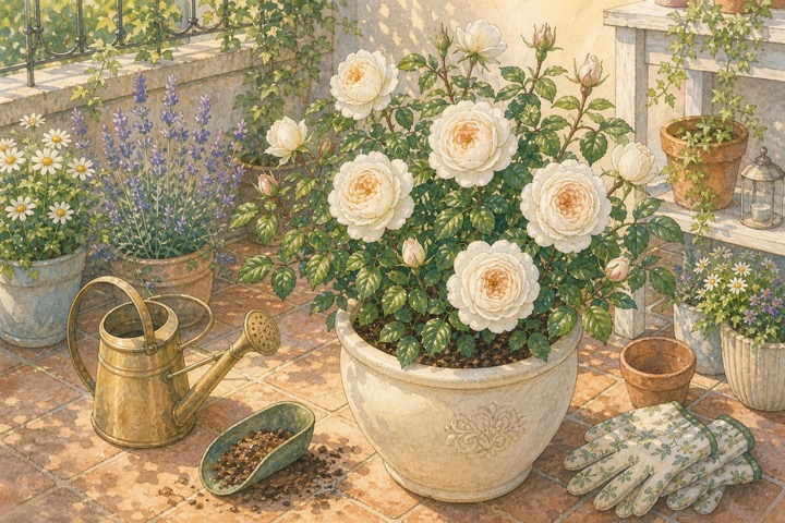 鉢植えで育つクリームホワイトのバラと水やり道具の手描き風イラスト