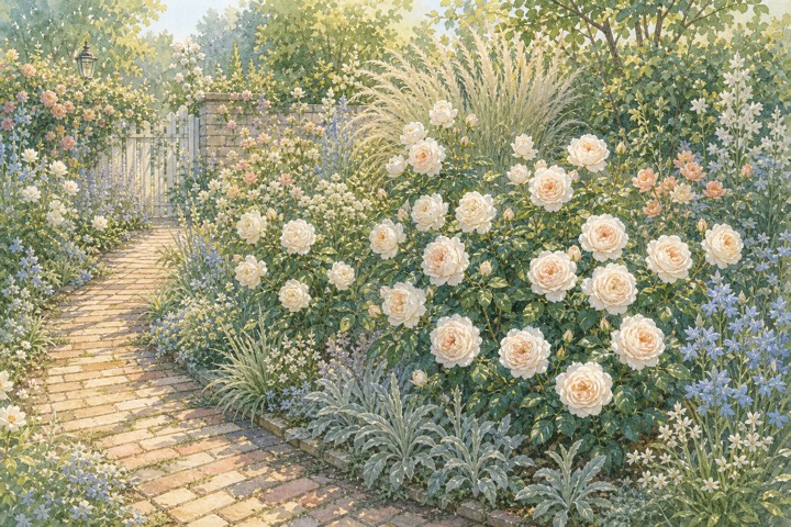 クリームホワイトのバラと青い草花が調和する庭の手描き風イラスト