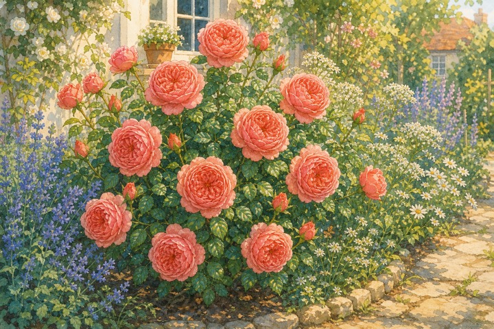 コーラルピンクのバラが花壇で咲く手描き風イラスト