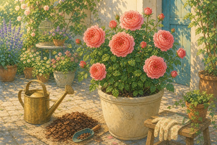 鉢植えで育つコーラルピンクのバラと水やり道具の手描き風イラスト