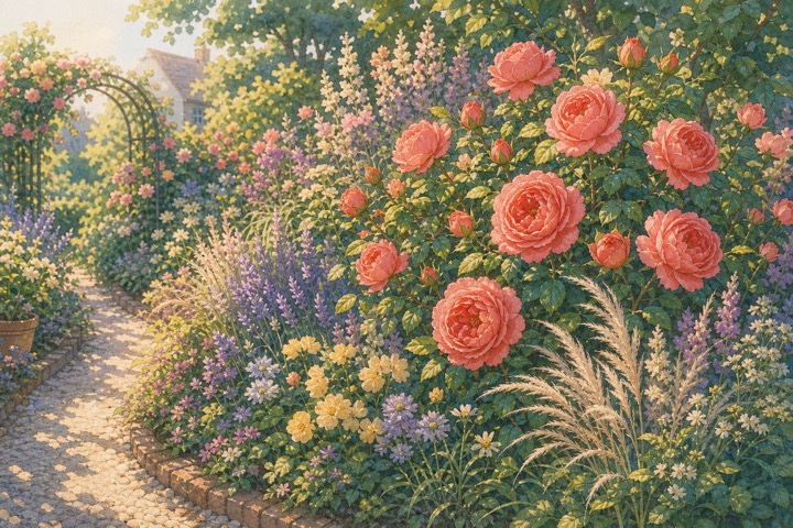 コーラルピンクのバラと草花が調和する庭の手描き風イラスト