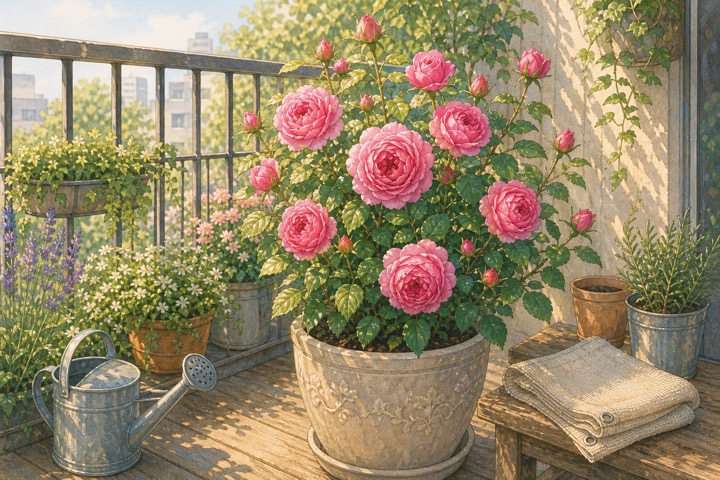 ベランダの鉢植えで育つピンクのバラの手描き風イラスト