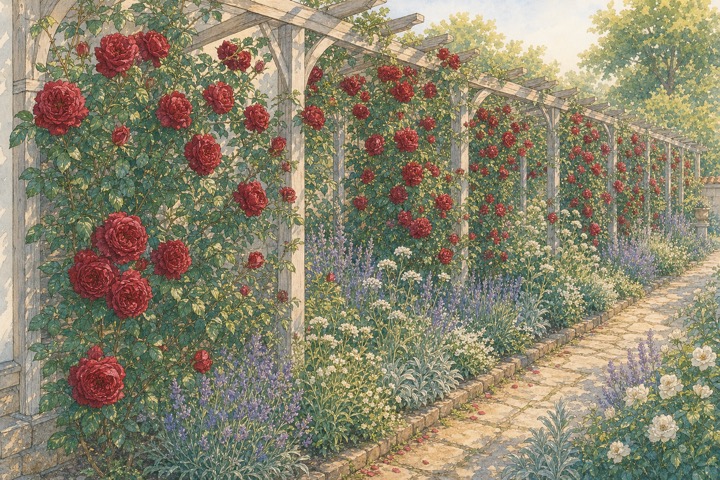 深紅のつるバラと白い草花が調和する庭の手描き風イラスト