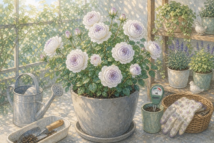 鉢植えで育つ淡い紫のバラと水やり道具の手描き風イラスト