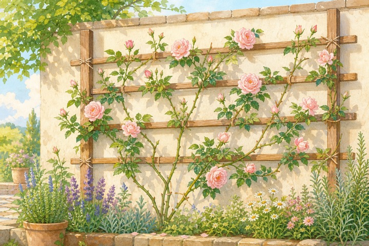 淡いピンクのつるバラが庭のアーチを彩る手描き風イラスト