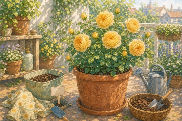 鉢植えで育つゴールド色のバラと水やり道具の手描き風イラスト