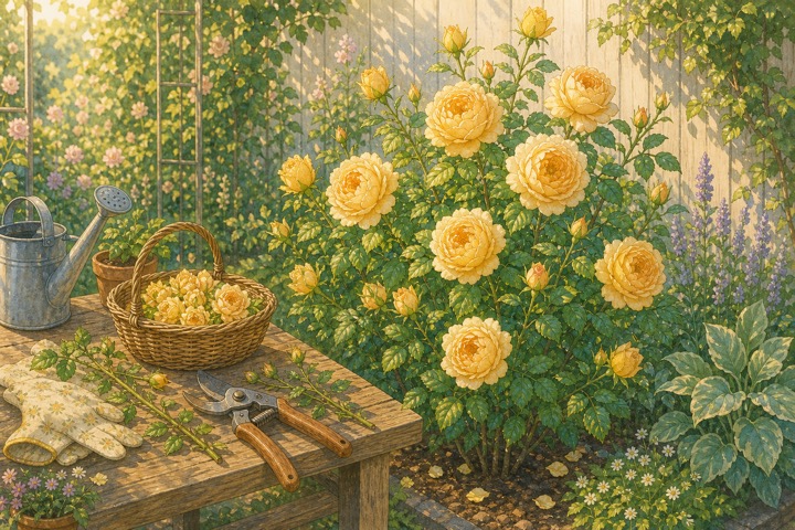 剪定道具とゴールド色のバラの株を描いた手描き風イラスト