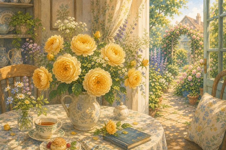 花瓶に飾ったゴールド色のバラと庭が見える室内の手描き風イラスト