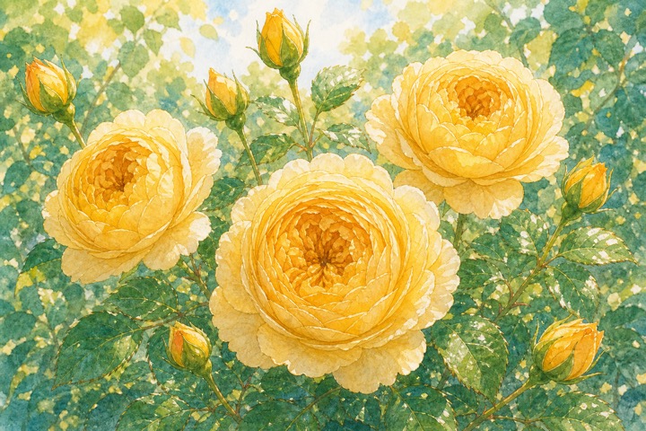 明るい黄色のカップ咲きバラを近くから描いた手描き風イラスト