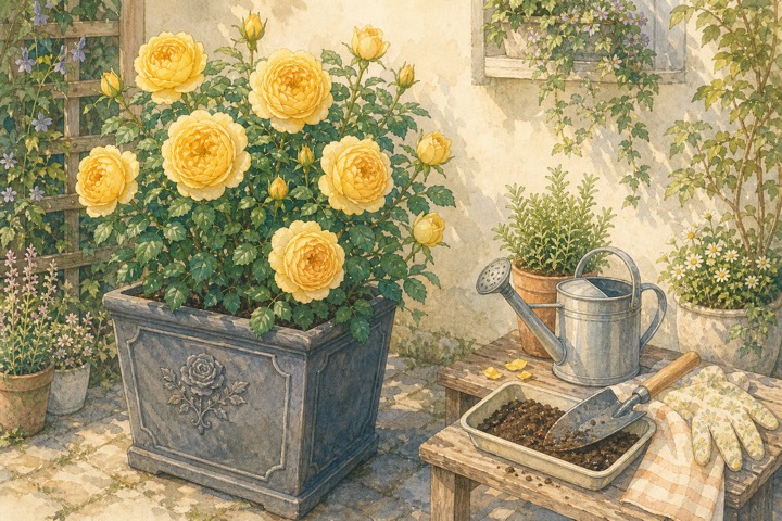 鉢植えで育つ黄色いバラと園芸道具の手描き風イラスト