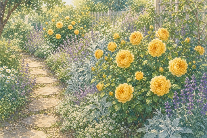 黄色いバラと紫の草花が調和する庭の手描き風イラスト