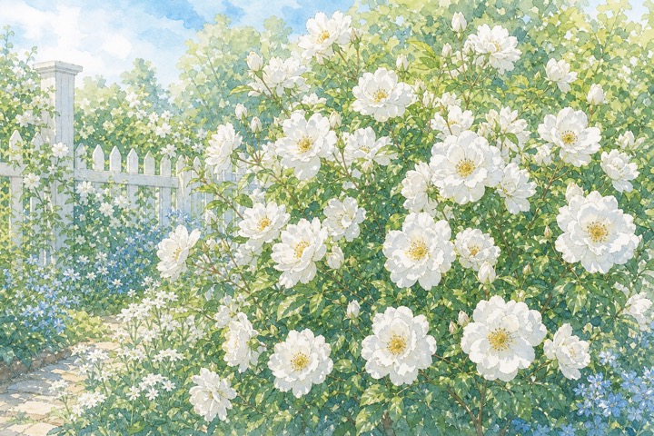 純白のバラが明るい庭でたくさん咲く手描き風イラスト