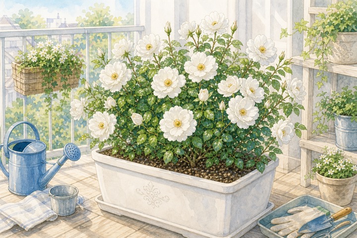 鉢植えで育つ白いバラと水やり道具の手描き風イラスト