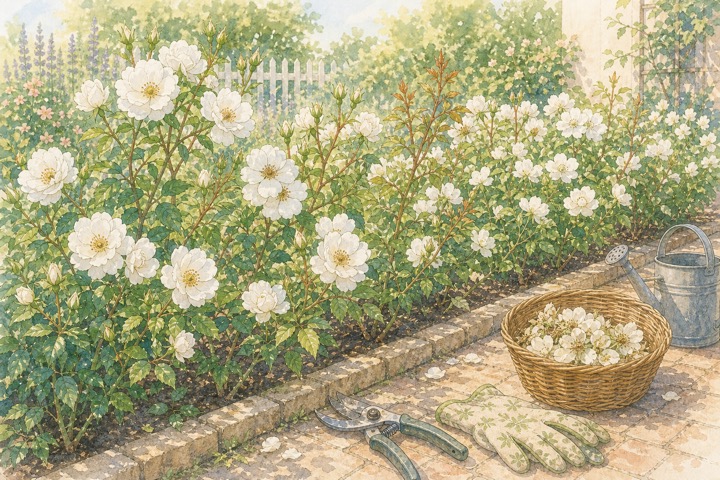 剪定道具と白いバラの低い株を描いた手描き風イラスト