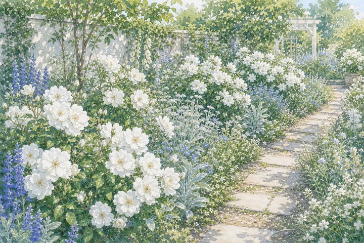 白いバラと青い草花が明るく調和する庭の手描き風イラスト