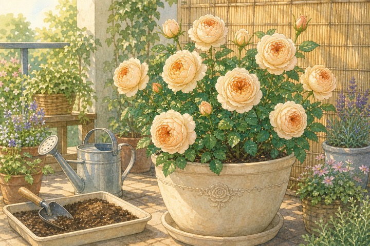 鉢植えで育つ淡いアプリコット色のバラと水やり道具の手描き風イラスト