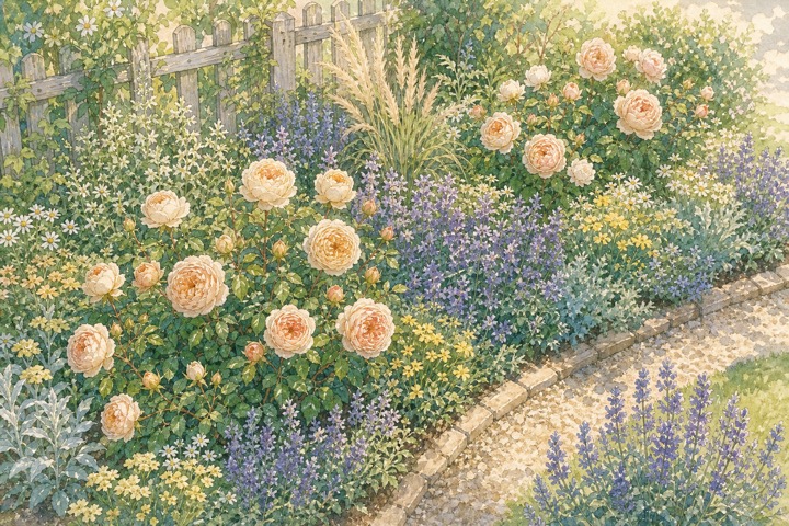 淡いアプリコット色のバラと青紫の草花が調和する庭の手描き風イラスト