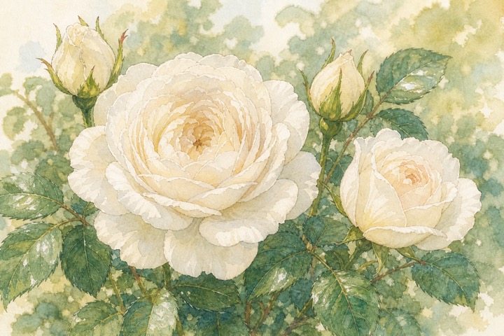 クリームホワイトの重なる花びらのバラを近くから描いた手描き風イラスト