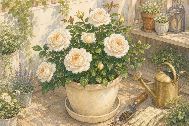 鉢植えで育つクリームホワイトのバラと水やり道具の手描き風イラスト