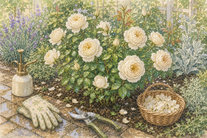 剪定道具とクリームホワイトのバラの株を描いた手描き風イラスト