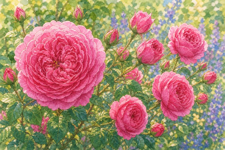 濃いピンクのバラを近くから描いた手描き風イラスト
