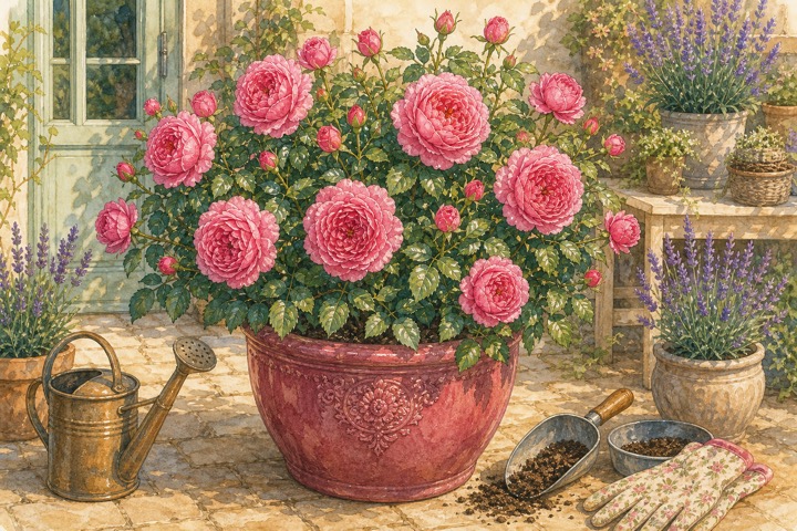 鉢植えで育つ濃いピンクのバラと水やり道具の手描き風イラスト