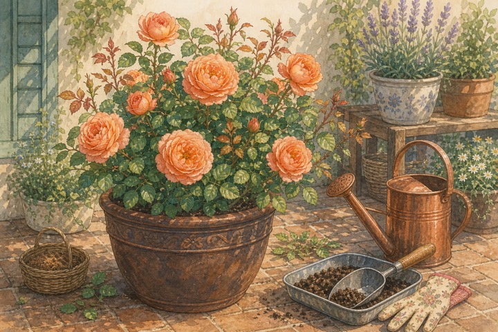 鉢植えで育つオレンジ色のバラと水やり道具の手描き風イラスト