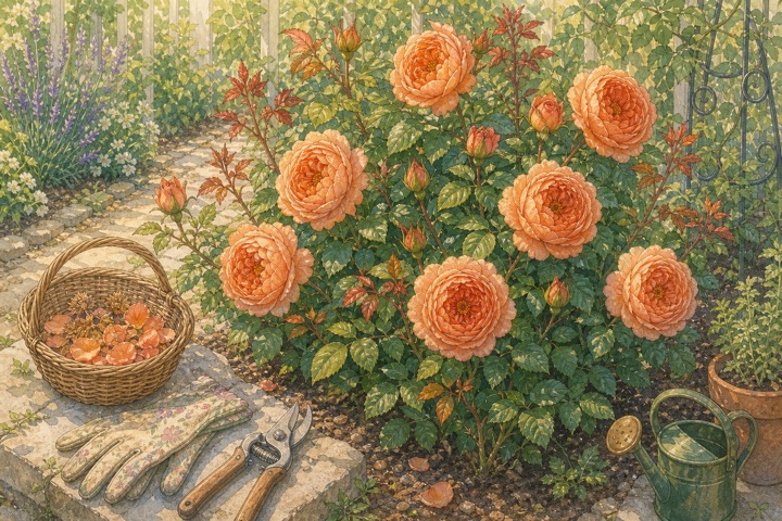 剪定道具とオレンジ色のバラの株を描いた手描き風イラスト