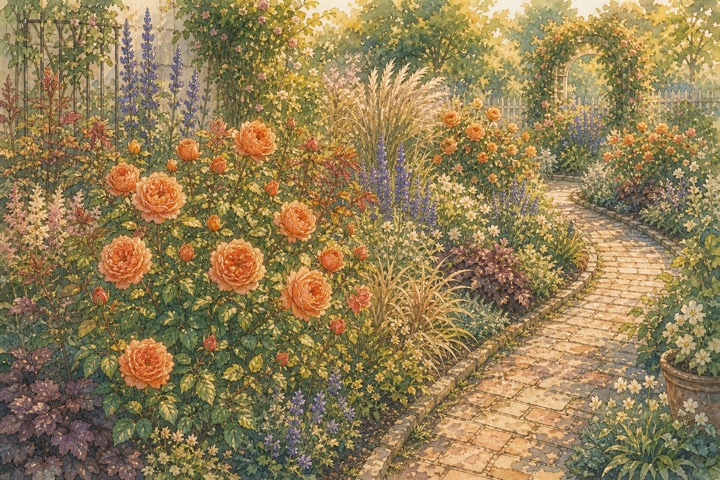 オレンジ色のバラと青紫の草花が調和する庭の手描き風イラスト