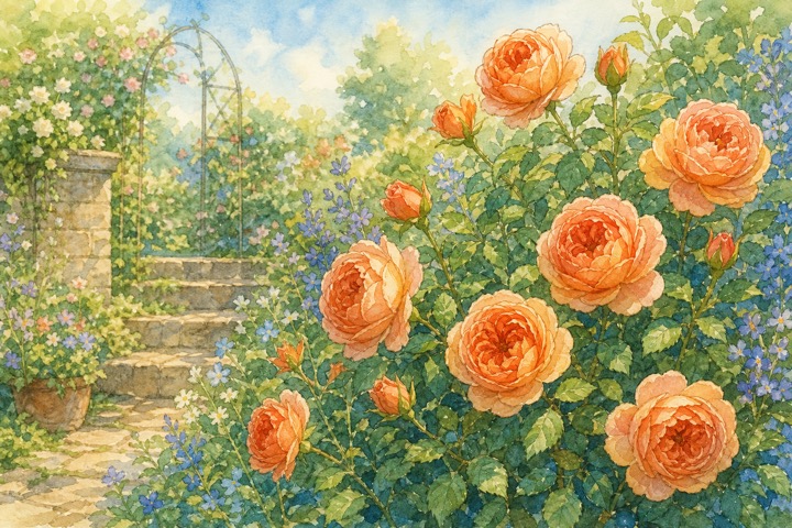 オレンジ色のバラが庭の石段そばに咲く手描き風イラスト