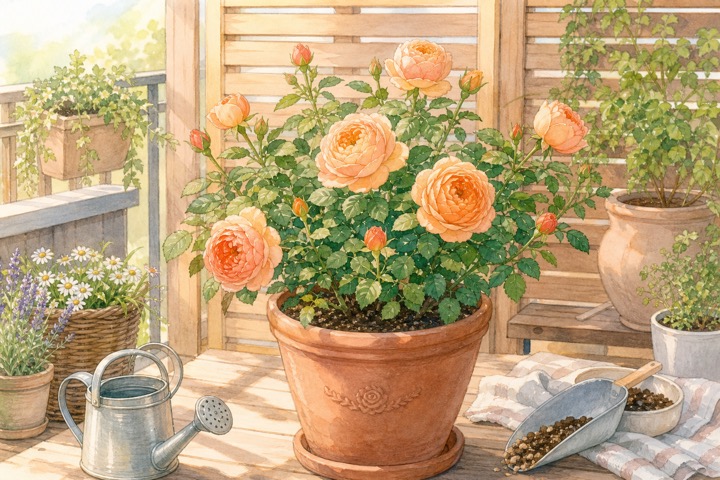 鉢植えで育つオレンジ色のバラと園芸道具の手描き風イラスト