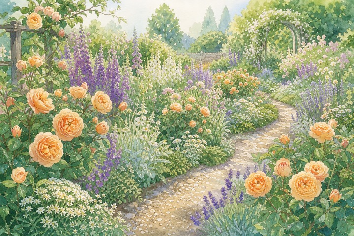 オレンジ色のバラと紫の草花が調和する庭の手描き風イラスト