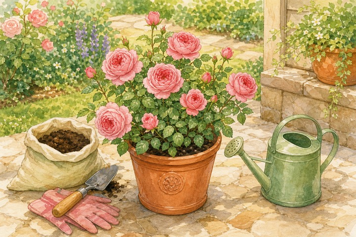 鉢植えで育つレオナルド・ダ・ヴィンチと園芸道具の手描き風イラスト