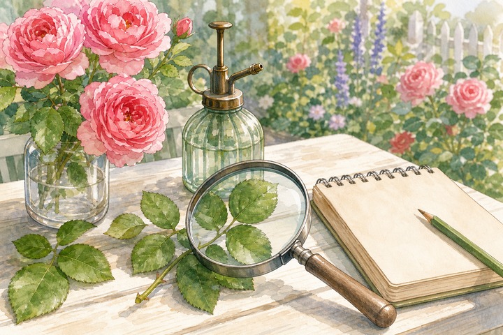 バラの葉を確認する病害虫対策の手描き風イラスト