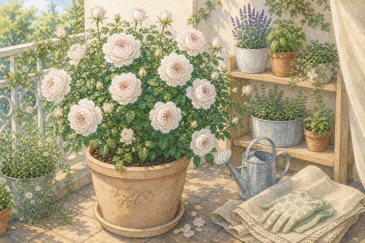 鉢植えで育つ白いバラと水やり道具の手描き風イラスト