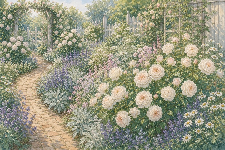 白いバラと青い草花が調和する庭の手描き風イラスト