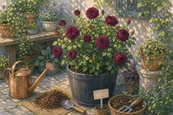 鉢植えで育つ深紅のバラと水やり道具の手描き風イラスト