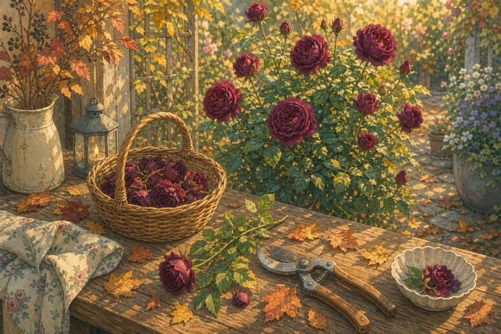 剪定道具と赤紫のバラの株を描いた手描き風イラスト