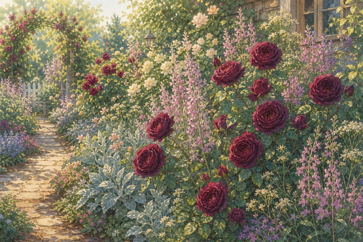 赤紫のバラと淡い草花が調和する庭の手描き風イラスト