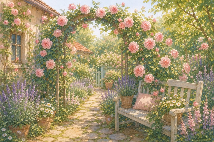 ピンクのつるバラと草花が調和する庭の手描き風イラスト