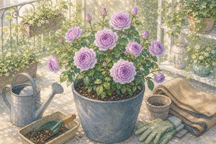 鉢植えで育つラベンダー色のバラと水やり道具の手描き風イラスト