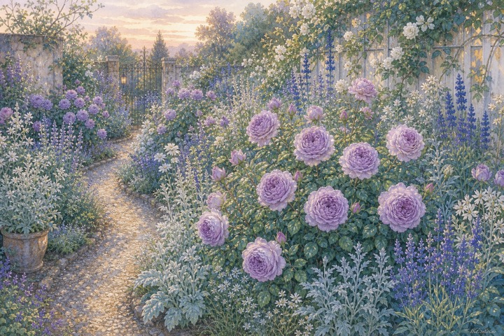ラベンダー色のバラと白い草花が調和する庭の手描き風イラスト
