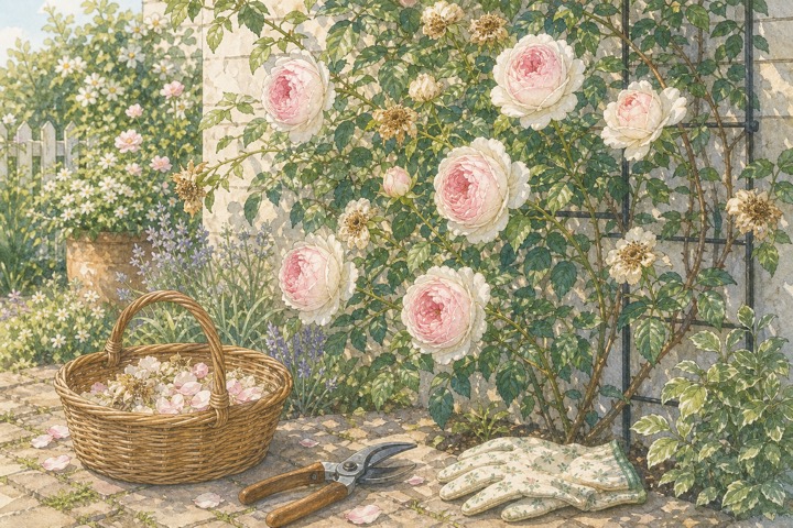 花後剪定の道具とピンクのつるバラを描いた手描き風イラスト