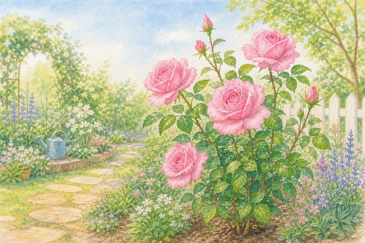 クイーン・エリザベスの花姿と庭植えイメージ