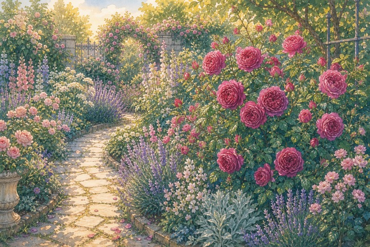 濃いピンクのバラと淡い草花が調和する庭の手描き風イラスト